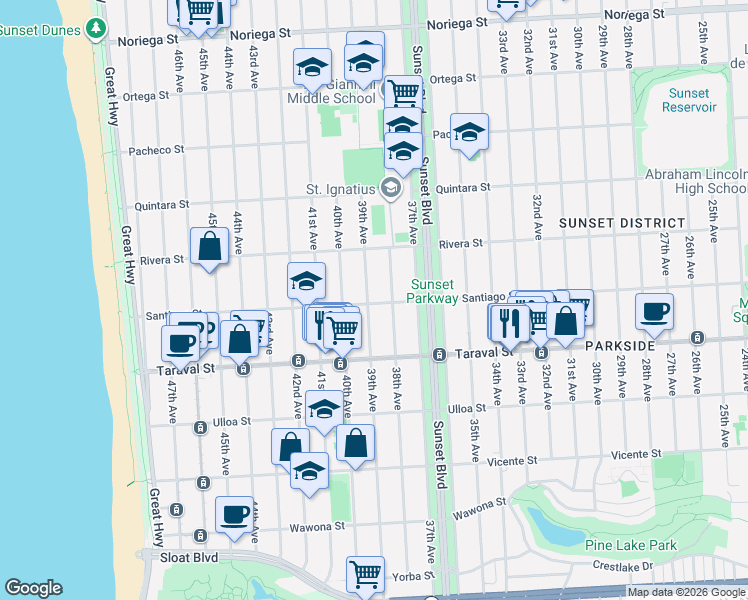 map of restaurants, bars, coffee shops, grocery stores, and more near 2271 39th Avenue in San Francisco