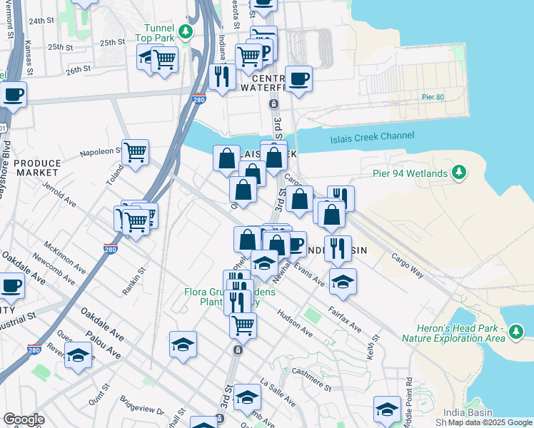 map of restaurants, bars, coffee shops, grocery stores, and more near 3600 3rd Street in San Francisco
