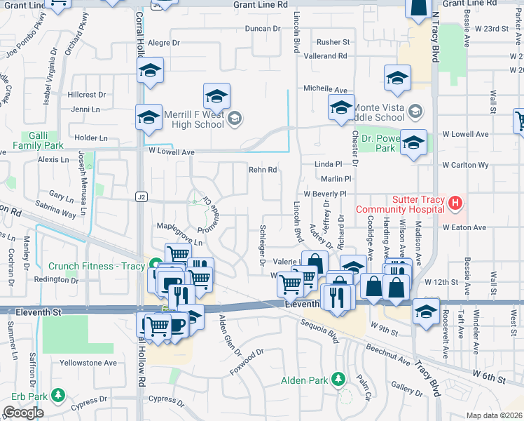 map of restaurants, bars, coffee shops, grocery stores, and more near 1651 West Beverly Place in Tracy