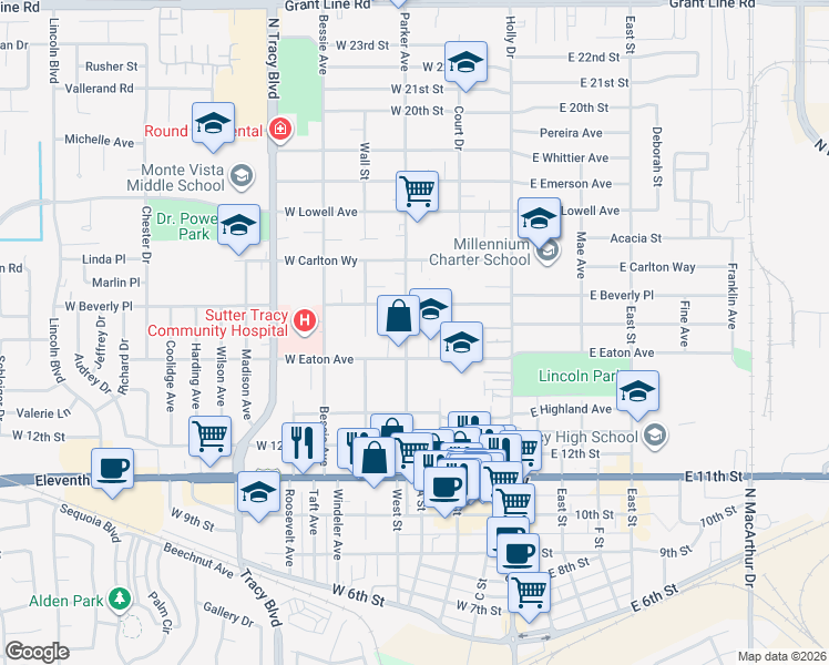 map of restaurants, bars, coffee shops, grocery stores, and more near 1470 Parker Avenue in Tracy