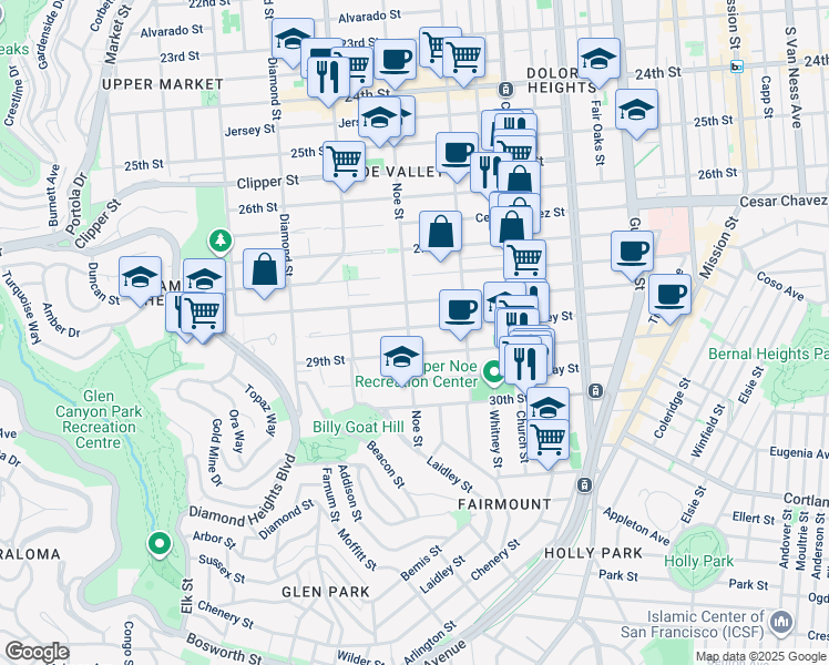 map of restaurants, bars, coffee shops, grocery stores, and more near 395 Valley Street in San Francisco