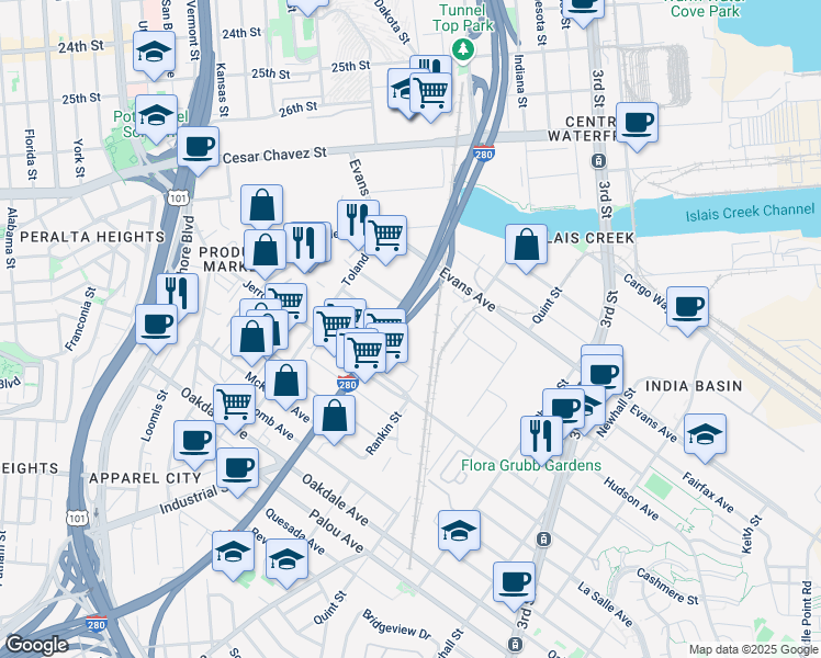map of restaurants, bars, coffee shops, grocery stores, and more near 555 Selby Street in San Francisco