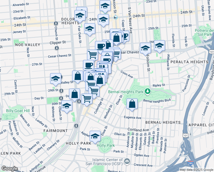 map of restaurants, bars, coffee shops, grocery stores, and more near 106 Coleridge Street in San Francisco