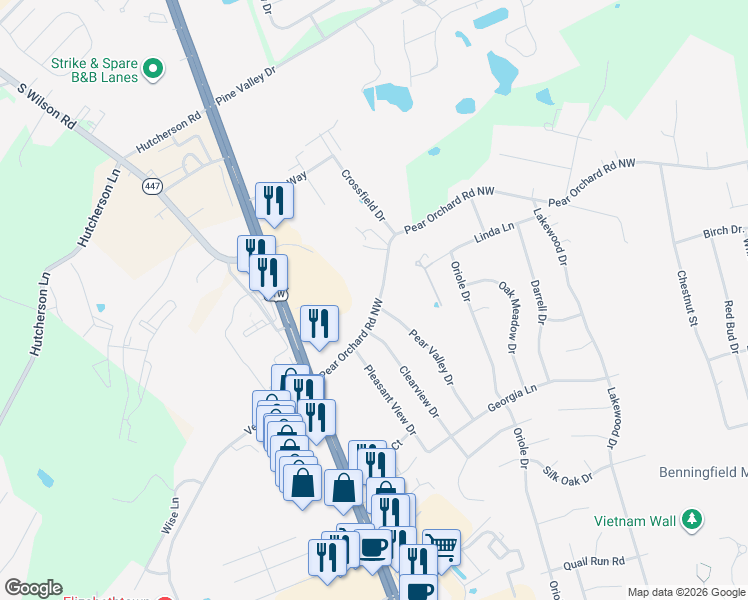map of restaurants, bars, coffee shops, grocery stores, and more near 200 Pear Orchard Road Northwest in Elizabethtown
