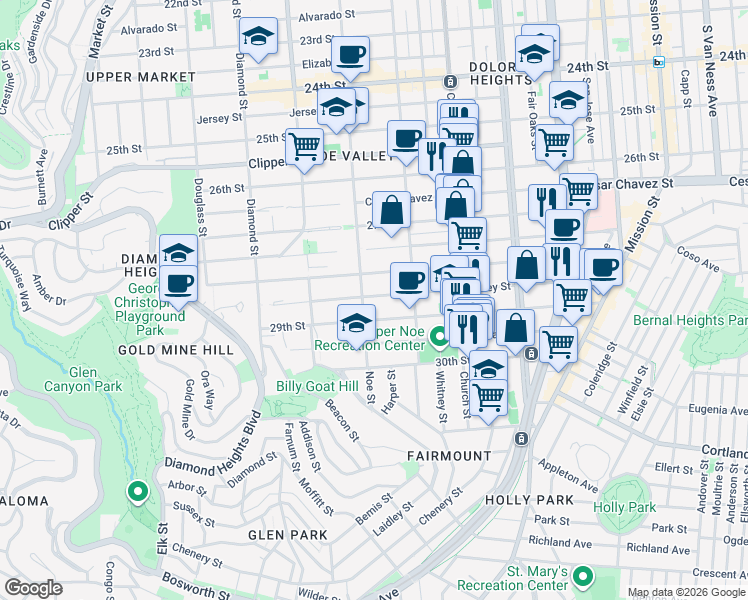 map of restaurants, bars, coffee shops, grocery stores, and more near 340 Valley Street in San Francisco