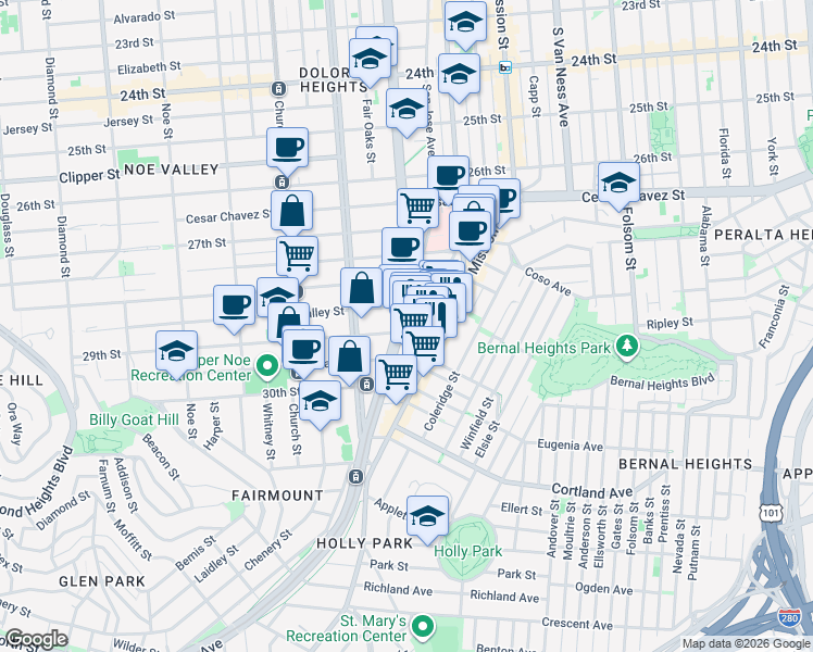 map of restaurants, bars, coffee shops, grocery stores, and more near 96 29th Street in San Francisco