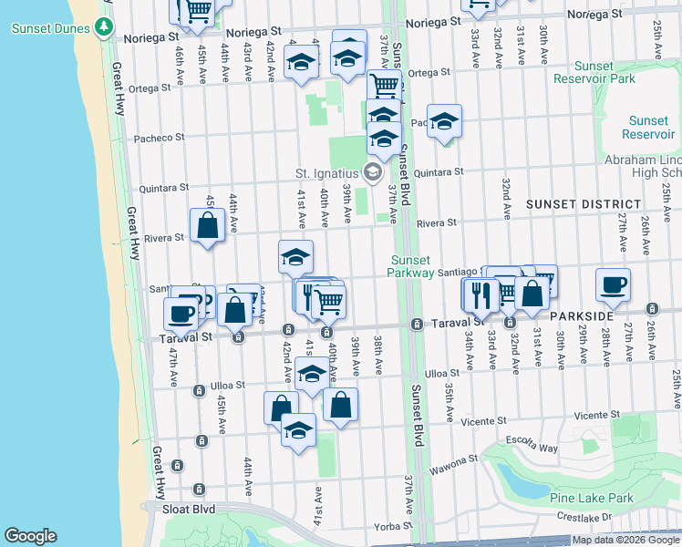 map of restaurants, bars, coffee shops, grocery stores, and more near 2824 Santiago Street in San Francisco