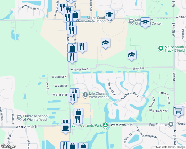 map of restaurants, bars, coffee shops, grocery stores, and more near 9970 Westlakes Court in Wichita