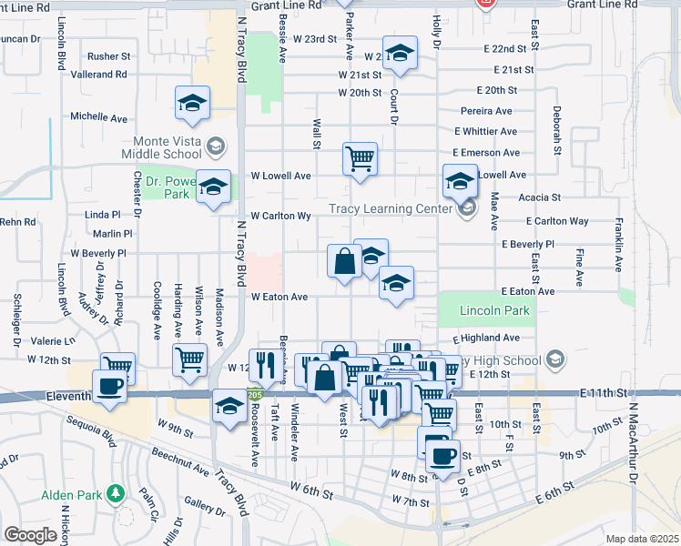 map of restaurants, bars, coffee shops, grocery stores, and more near 1441 Parker Avenue in Tracy