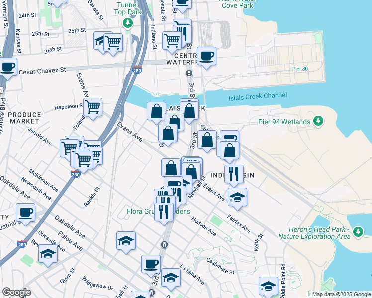 map of restaurants, bars, coffee shops, grocery stores, and more near 3600 3rd Street in San Francisco