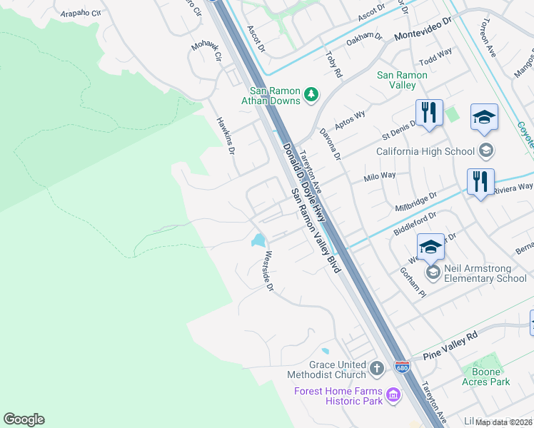 map of restaurants, bars, coffee shops, grocery stores, and more near 14 Comstock Court in San Ramon