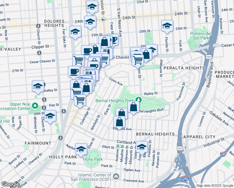 map of restaurants, bars, coffee shops, grocery stores, and more near 53 Elsie Street in San Francisco