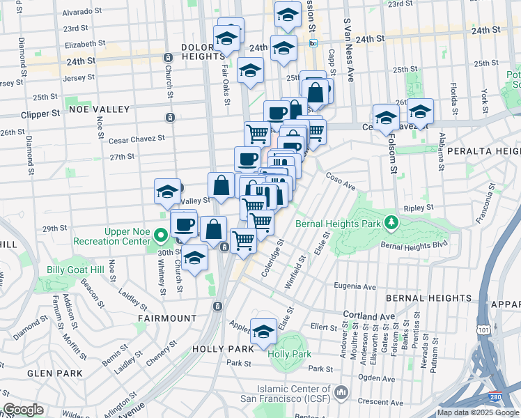 map of restaurants, bars, coffee shops, grocery stores, and more near 199 Tiffany Avenue in San Francisco