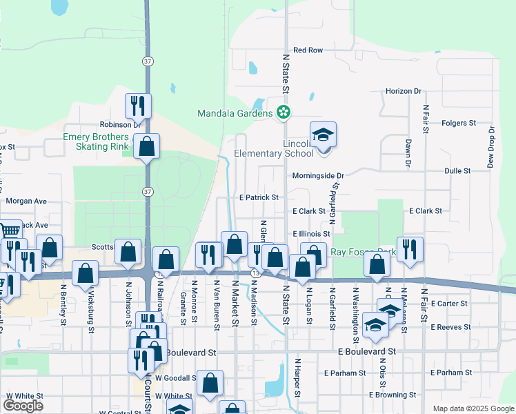map of restaurants, bars, coffee shops, grocery stores, and more near 1406 North Glendale Street in Marion