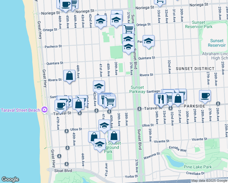 map of restaurants, bars, coffee shops, grocery stores, and more near 2824 Santiago Street in San Francisco