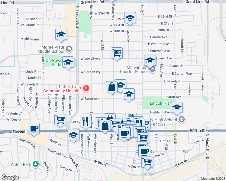 map of restaurants, bars, coffee shops, grocery stores, and more near 1470 Parker Avenue in Tracy