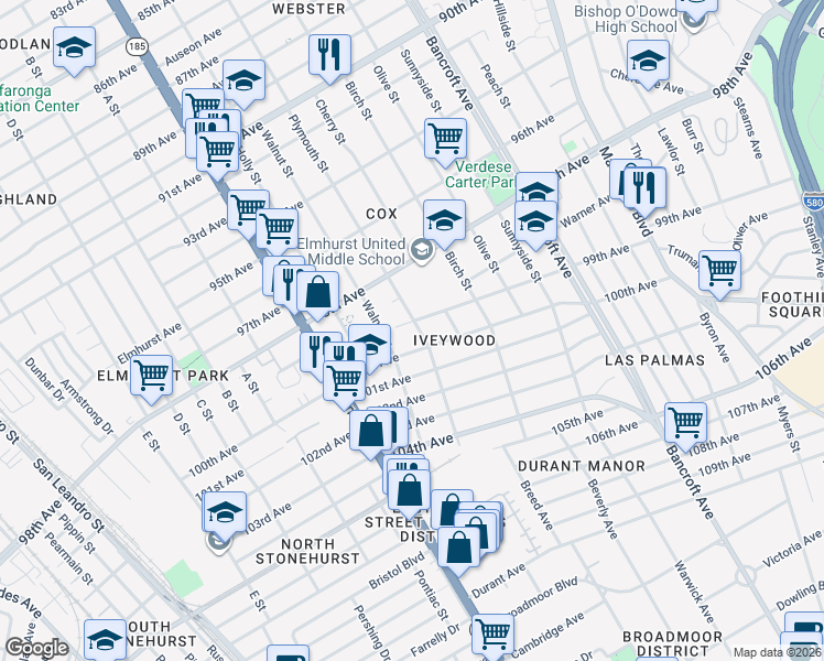map of restaurants, bars, coffee shops, grocery stores, and more near 9900 Plymouth Street in Oakland