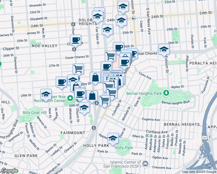 map of restaurants, bars, coffee shops, grocery stores, and more near in San Francisco