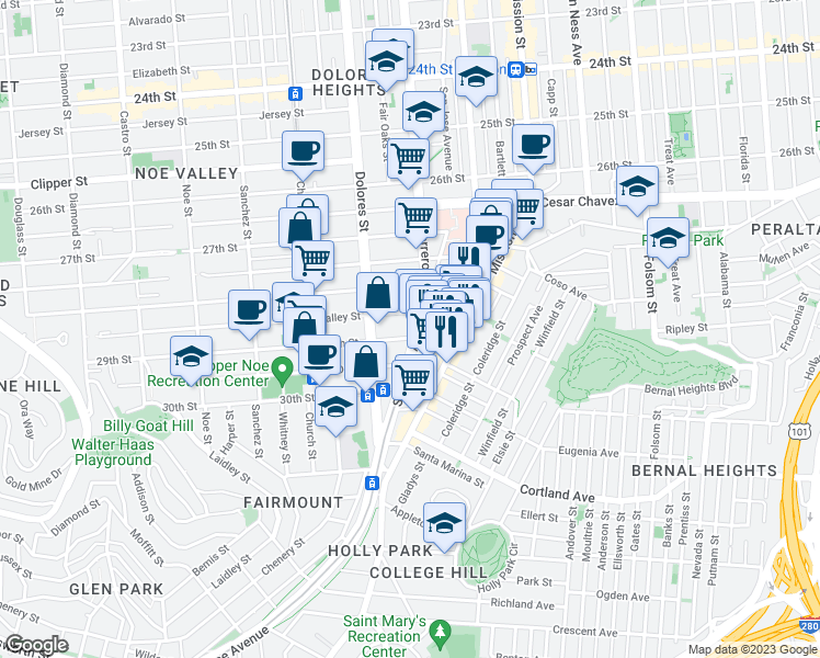 map of restaurants, bars, coffee shops, grocery stores, and more near in San Francisco