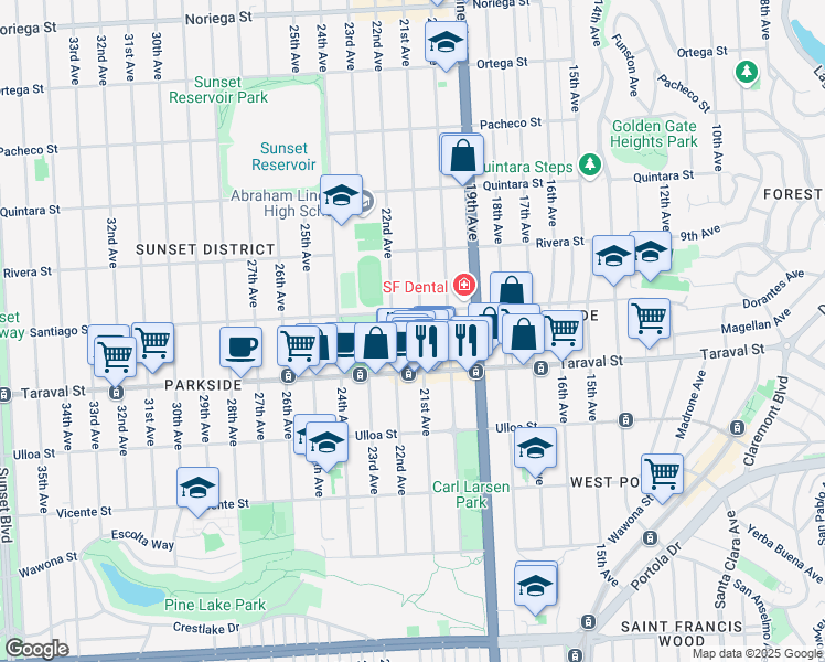map of restaurants, bars, coffee shops, grocery stores, and more near 2317 21st Avenue in San Francisco