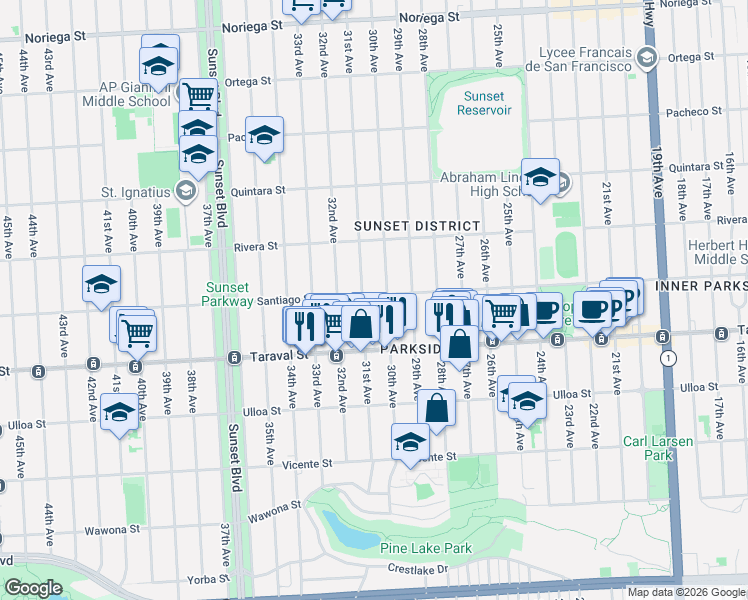 map of restaurants, bars, coffee shops, grocery stores, and more near 2294 31st Avenue in San Francisco