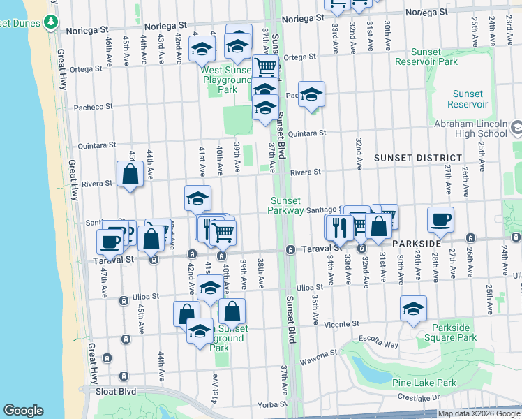 map of restaurants, bars, coffee shops, grocery stores, and more near 2278 38th Avenue in San Francisco