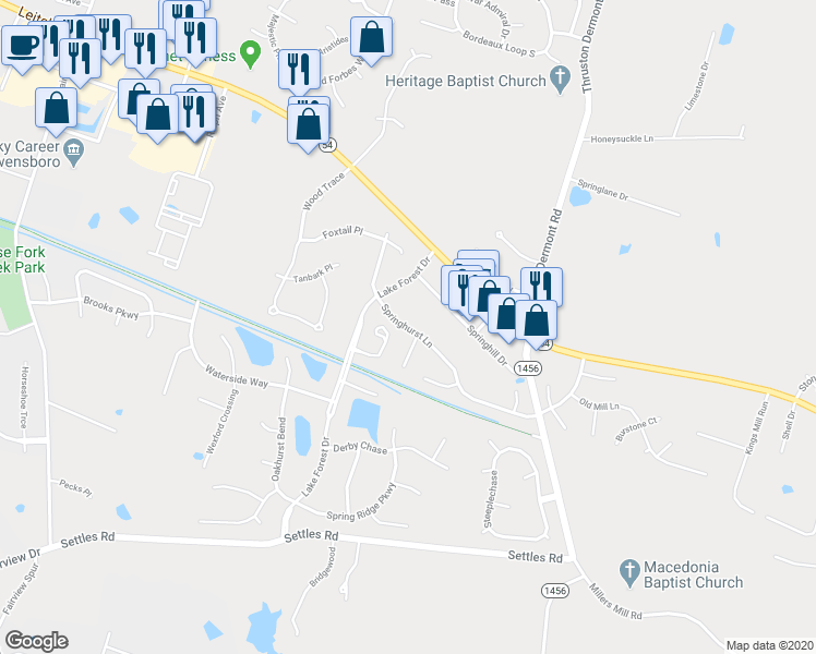 map of restaurants, bars, coffee shops, grocery stores, and more near 4345 Springhurst Lane in Owensboro