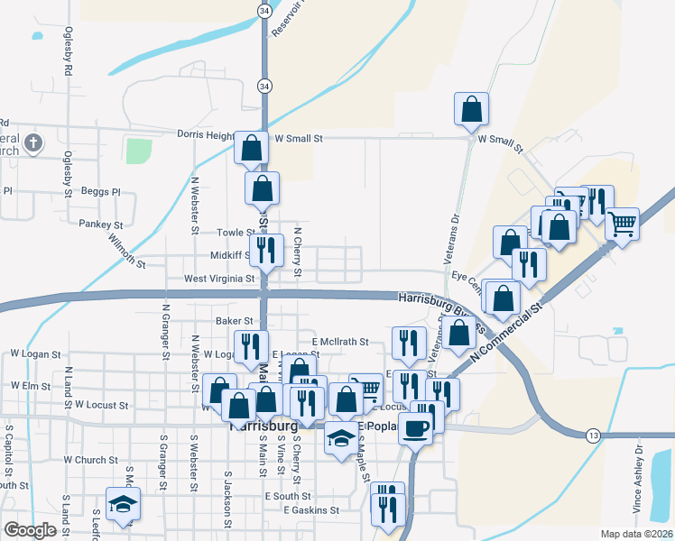 map of restaurants, bars, coffee shops, grocery stores, and more near 400-498 East Ford Street in Harrisburg