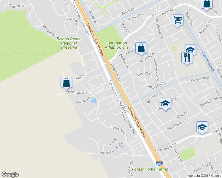 map of restaurants, bars, coffee shops, grocery stores, and more near 1520 Cutter Court in San Ramon