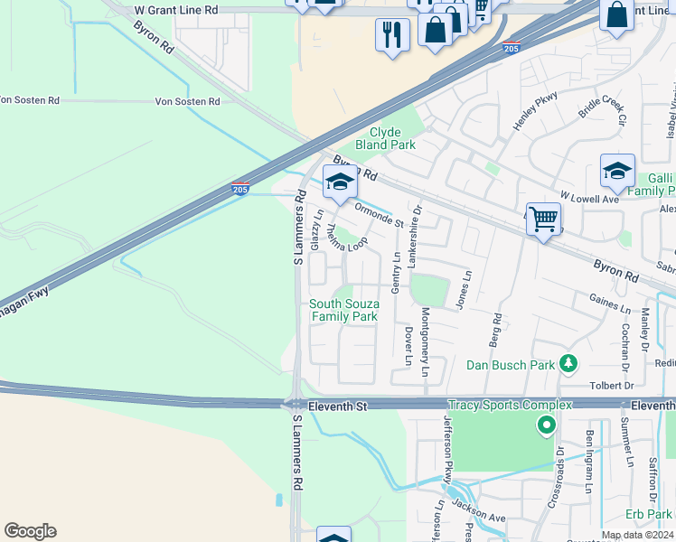 map of restaurants, bars, coffee shops, grocery stores, and more near 1443 Souza Parkway in Tracy