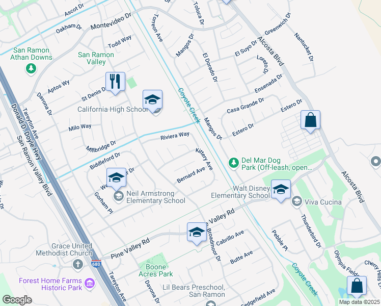 map of restaurants, bars, coffee shops, grocery stores, and more near in San Ramon