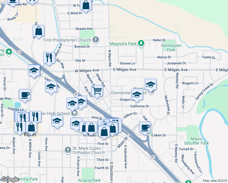 map of restaurants, bars, coffee shops, grocery stores, and more near 123 East Washington Street in Ripon
