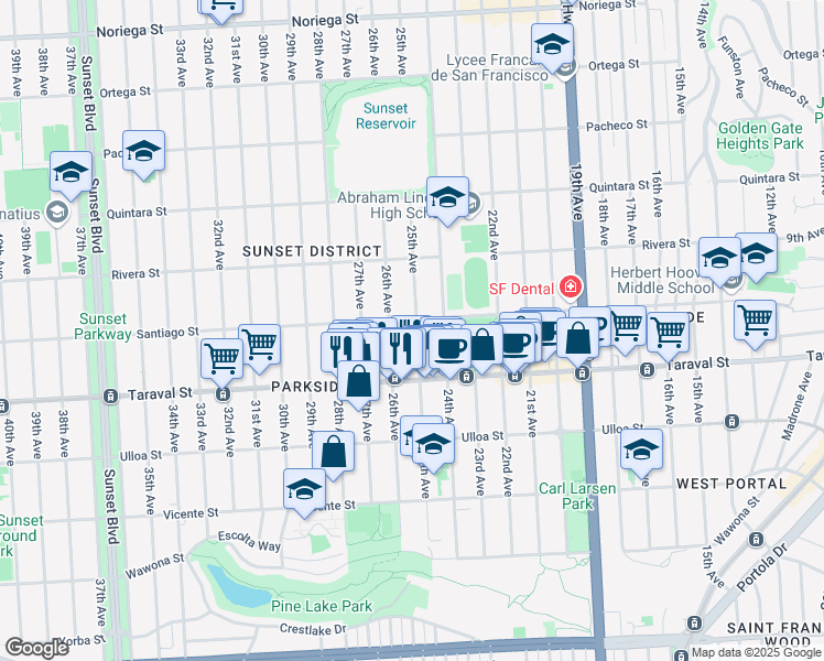 map of restaurants, bars, coffee shops, grocery stores, and more near 2315 25th Avenue in San Francisco