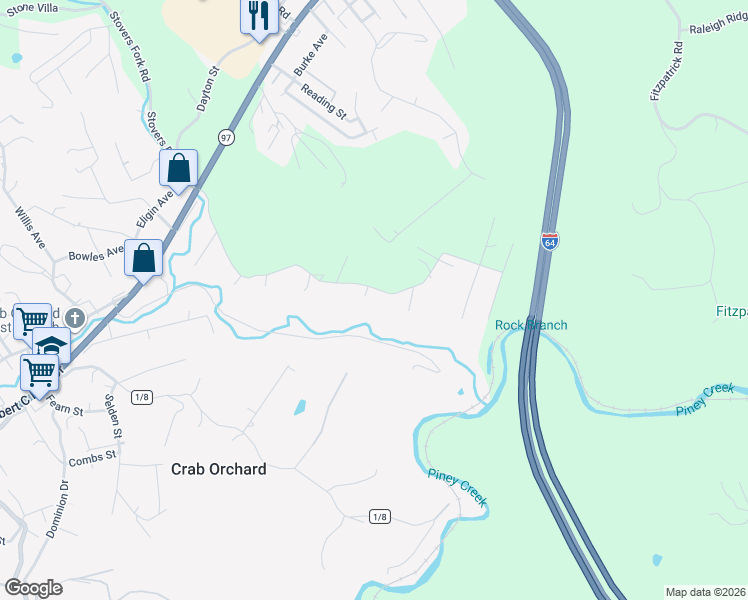 map of restaurants, bars, coffee shops, grocery stores, and more near 352 Old Grove Road in Beckley