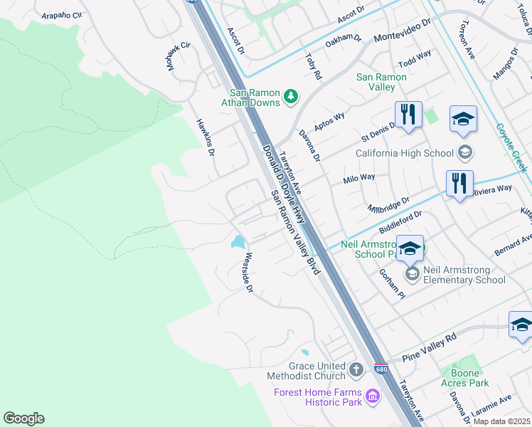 map of restaurants, bars, coffee shops, grocery stores, and more near 19251 San Ramon Valley Boulevard in San Ramon