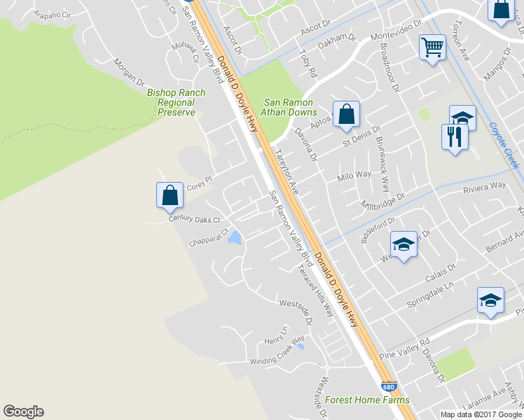 map of restaurants, bars, coffee shops, grocery stores, and more near 1230 Sutter Creek Lane in San Ramon