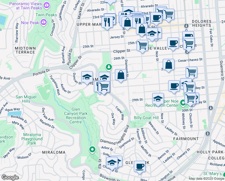 map of restaurants, bars, coffee shops, grocery stores, and more near 5285 Diamond Heights Boulevard in San Francisco