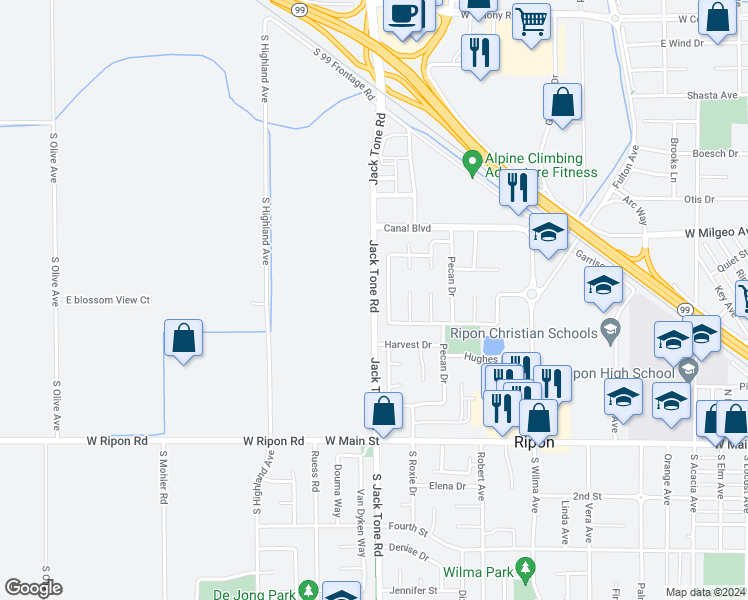 map of restaurants, bars, coffee shops, grocery stores, and more near 562 Meadowland Drive in Ripon