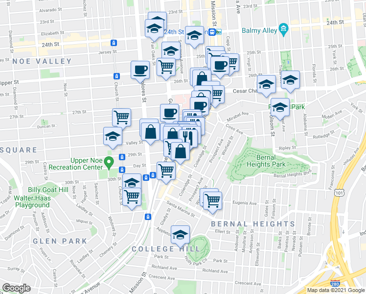 map of restaurants, bars, coffee shops, grocery stores, and more near in San Francisco