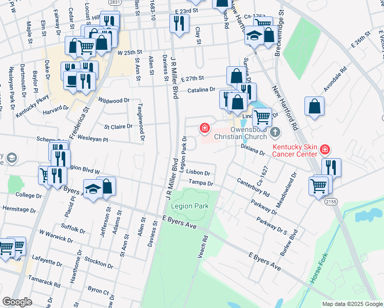 map of restaurants, bars, coffee shops, grocery stores, and more near 2967 Mcalister Pl in Owensboro