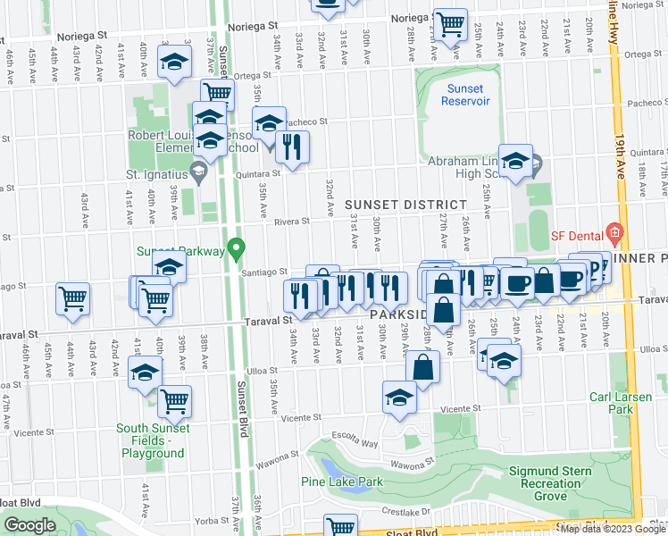 map of restaurants, bars, coffee shops, grocery stores, and more near 32nd Ave & Santiago St in San Francisco