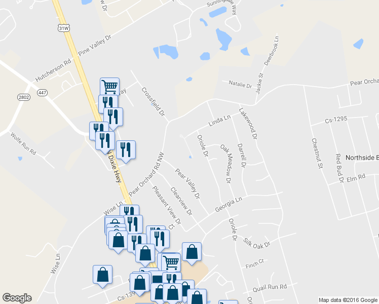 map of restaurants, bars, coffee shops, grocery stores, and more near 2098 Oriole Drive in Elizabethtown