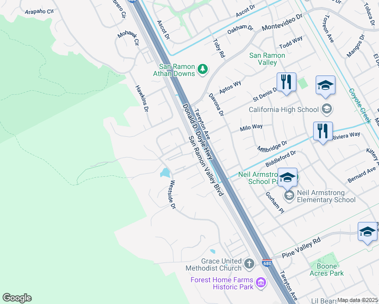 map of restaurants, bars, coffee shops, grocery stores, and more near 1310 Sutter Creek Lane in San Ramon