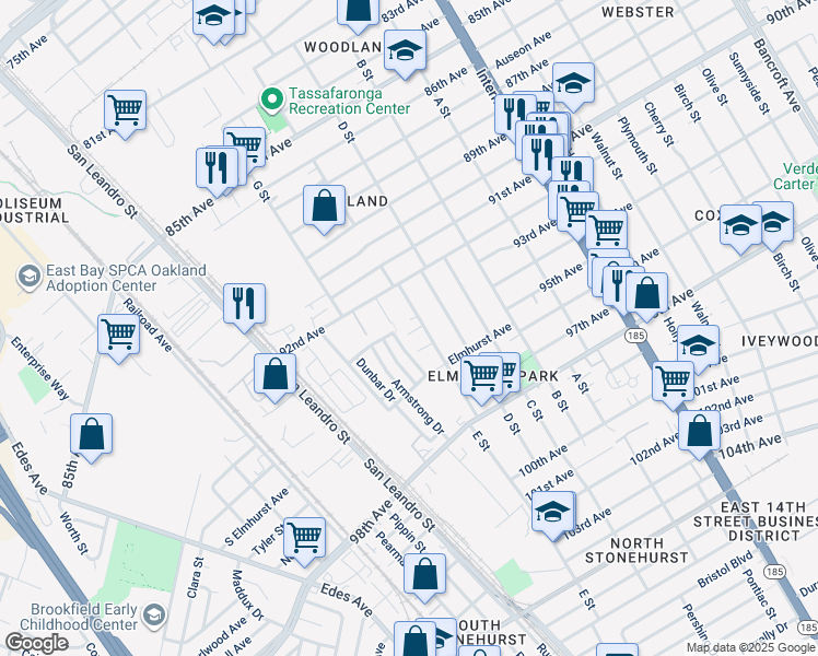 map of restaurants, bars, coffee shops, grocery stores, and more near 1015 94th Avenue in Oakland