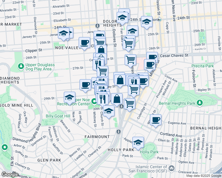 map of restaurants, bars, coffee shops, grocery stores, and more near 121 Valley Street in San Francisco