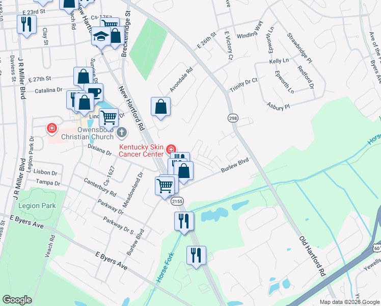 map of restaurants, bars, coffee shops, grocery stores, and more near 1401 Bowie Trail in Owensboro
