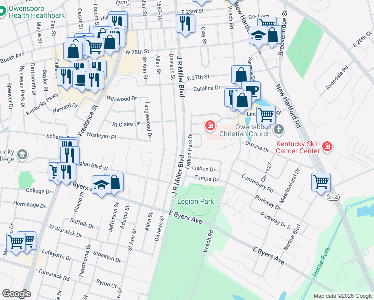 map of restaurants, bars, coffee shops, grocery stores, and more near J R Miller Blvd in Owensboro