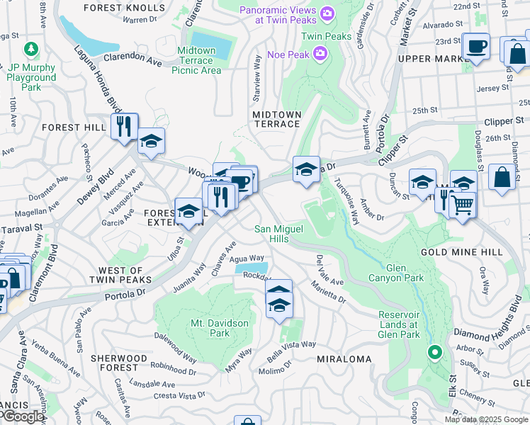 map of restaurants, bars, coffee shops, grocery stores, and more near 59 Teresita Boulevard in San Francisco