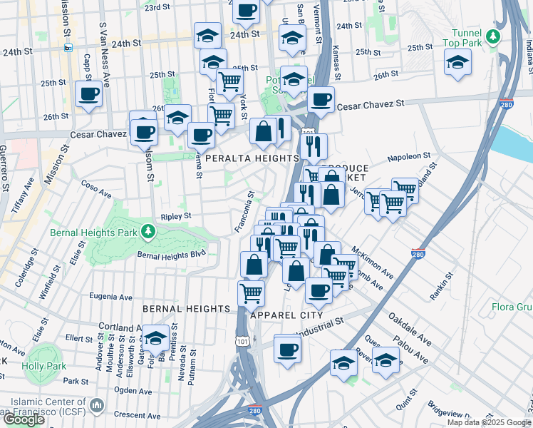 map of restaurants, bars, coffee shops, grocery stores, and more near 326 Holladay Avenue in San Francisco