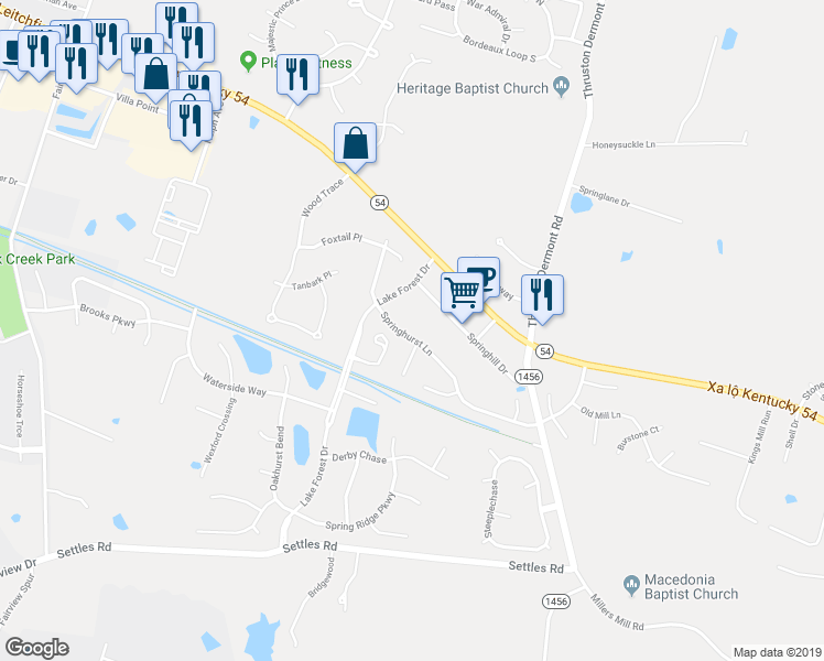map of restaurants, bars, coffee shops, grocery stores, and more near 4325 Springhurst Lane in Owensboro